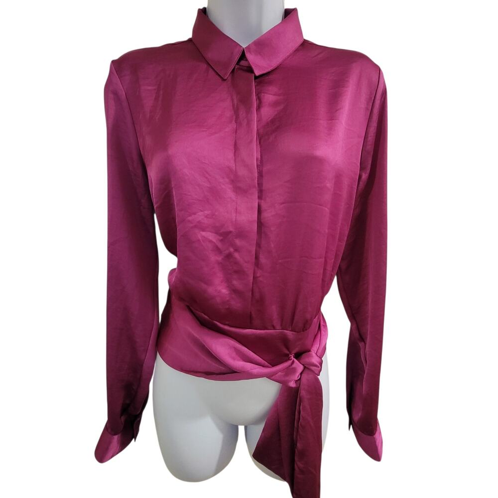 Express Portofino Satin Tie Front Blouse Women’s M Magenta Pink Long Sleeve